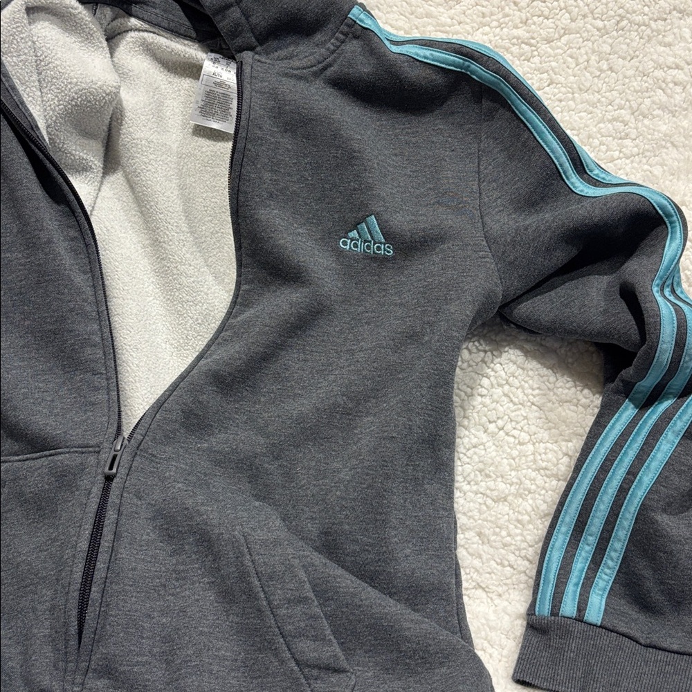 Adidas Women’s Gray Hoodie with Teal Stripes